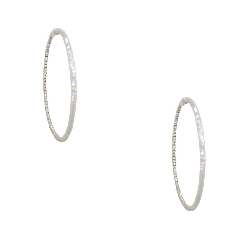 14k White Gold Natural 2.10 Carat Round Brilliant Diamond Narrow Hoop Earrings