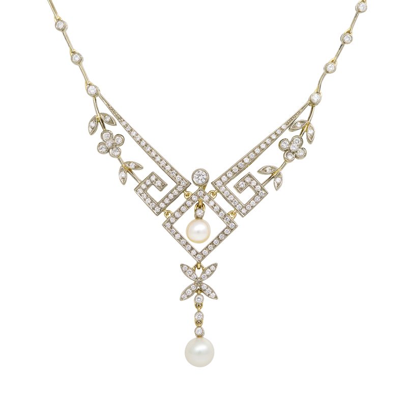 18k Two-Tone Gold Natural 1.95 Carat Diamond & Pearl Open Work Necklace