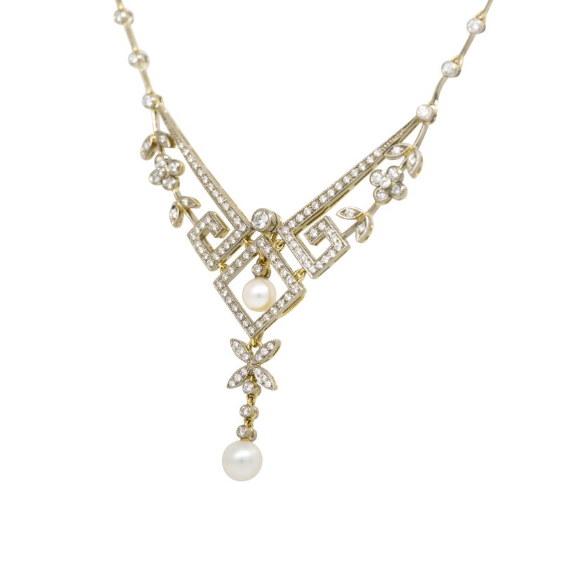 18k Two-Tone Gold Natural 1.95 Carat Diamond & Pearl Open Work Necklace