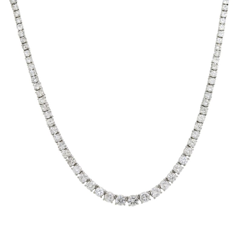 Platinum Natural 15.2 Carat Round Brilliant Cut Diamond Graduated Tennis Necklace