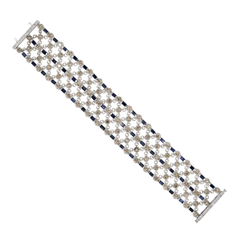 14k White Gold Natural 6.5 Carat Diamond & 3.75 Carat Sapphire Wide Bracelet