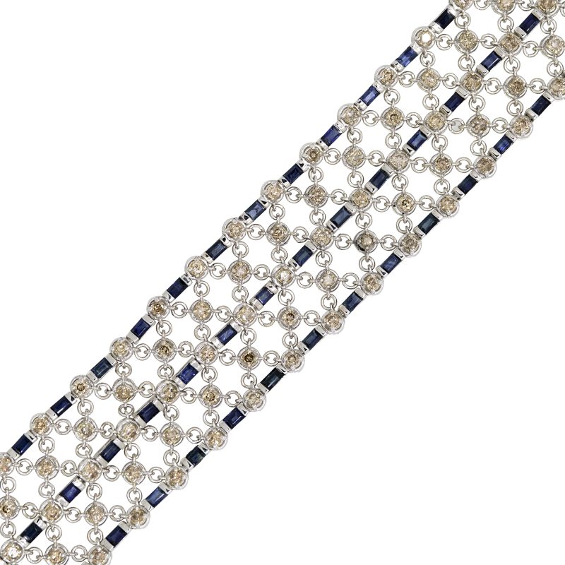 14k White Gold Natural 6.5 Carat Diamond & 3.75 Carat Sapphire Wide Bracelet