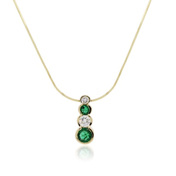 14k Yellow Gold Diamond and Emerald Bezel Set Drop Pendant Necklace