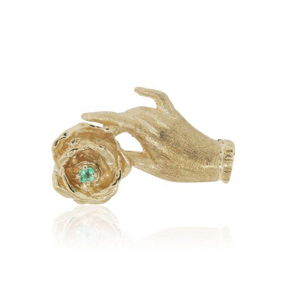 14k Yellow Gold 0.30ct Emerald Hand Holding Rose Pin