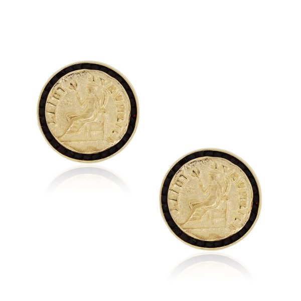 Lucien Piccard 14k Yellow Gold Black Spinel Coin Cuff Links