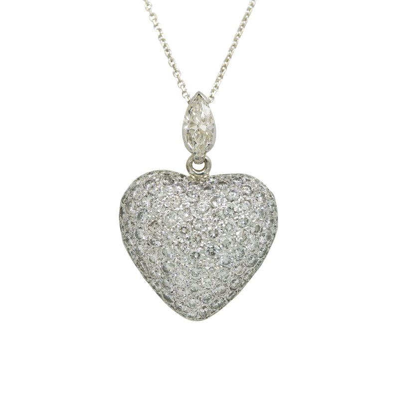 18k Two-Tone Gold Natural 4.40 Carat Diamond Pave & Marquise Heart Pendant Necklace