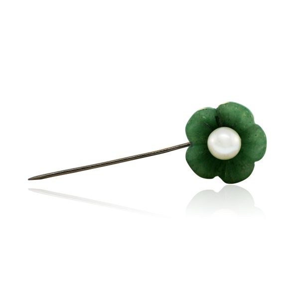 10k White Gold Aventurine Pearl Stick Pin