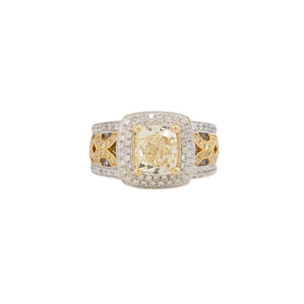 18k Two Tone Fancy Yellow Cushion Cut Diamond Engagement Ring