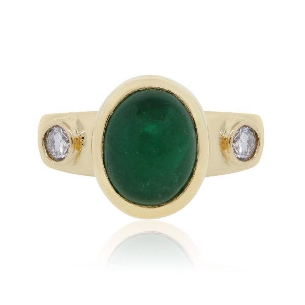 18k Yellow Gold 0.20ctw Diamond Oval Cabochon Emerald Ring