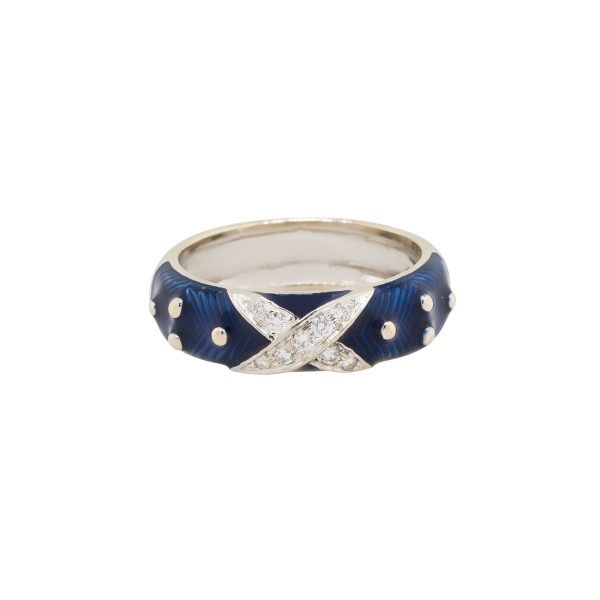 18k White Gold Hildago Blue Enamel and Diamond X Ring