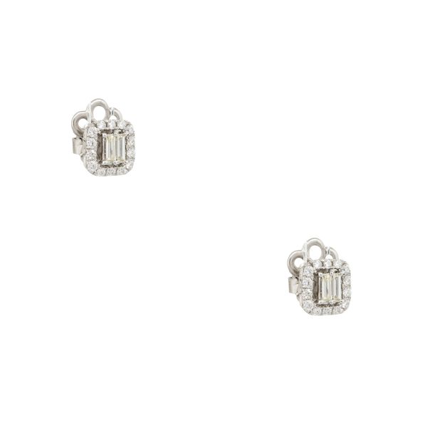 14k White Gold 0.95ct Round Brilliant & Baguette Cut Diamond Square Earrings