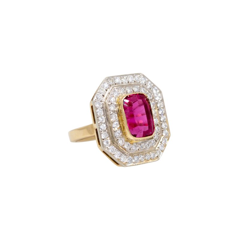 18k Yellow Gold 3.37ctw Pink Tourmaline & 1.52ctw Diamond Halo Ring