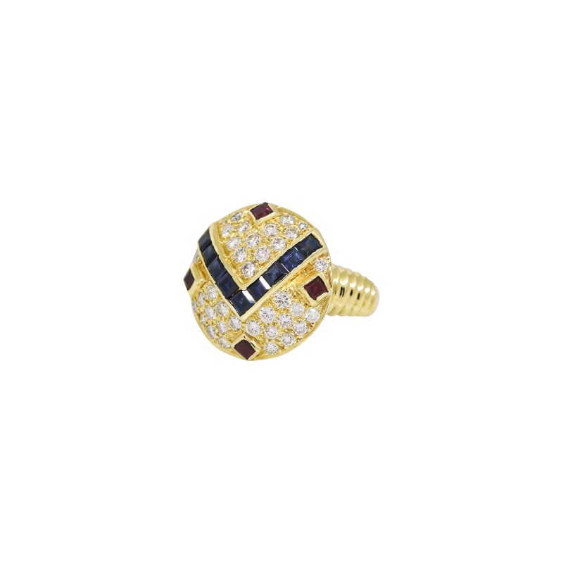 18k Yellow Gold Natural Diamond, Sapphire & Ruby Art Deco Ring