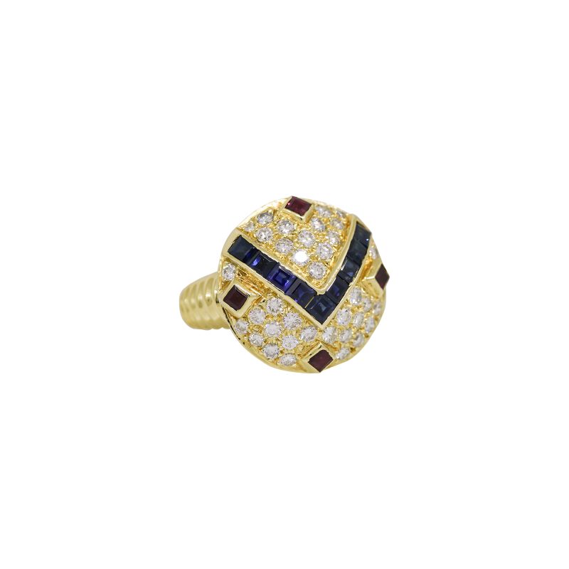 18k Yellow Gold Natural Diamond, Sapphire & Ruby Art Deco Ring