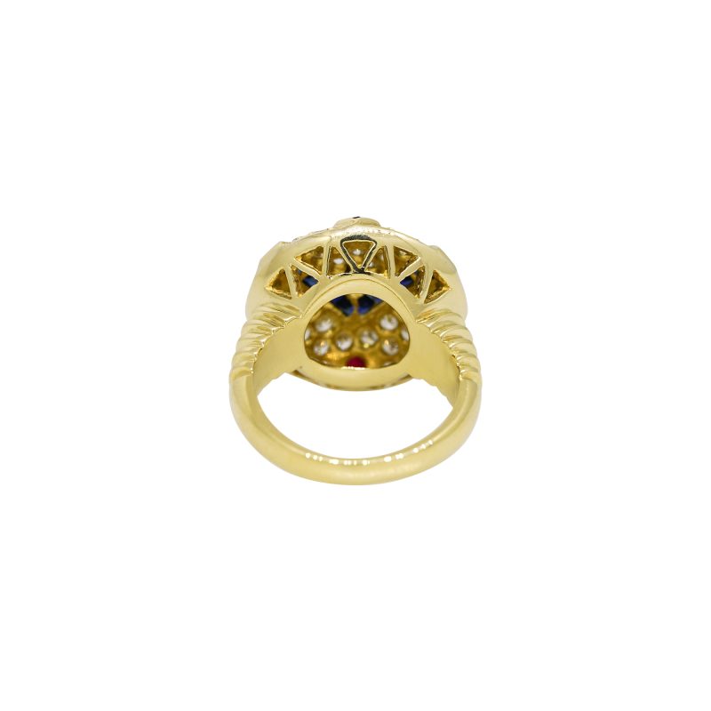 18k Yellow Gold Natural Diamond, Sapphire & Ruby Art Deco Ring