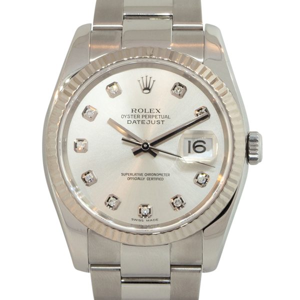 Rolex 116234 Datejust Silver Diamond Dial Fluted Bezel Stainless Steel Watch