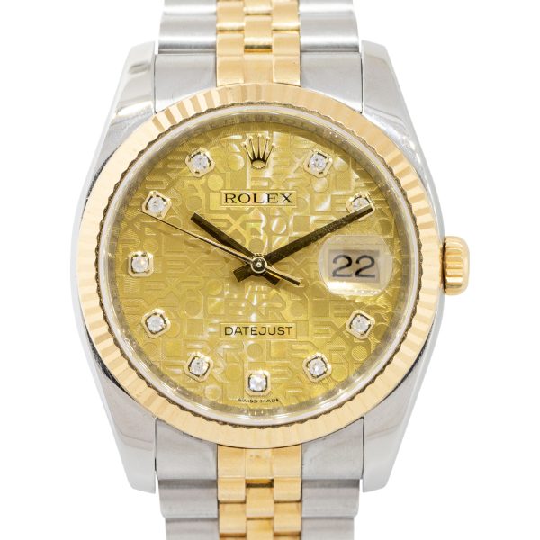 Rolex 116233 Datejust 18k Yellow Gold and Steel Champagne "Rolex" Pyramid Diamond Dial Watch