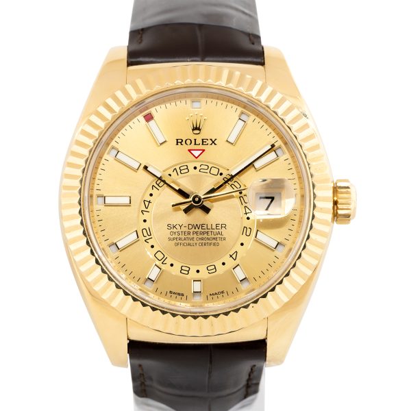 Rolex 326138 Sky-Dweller 18K Yellow Gold Watch on Brown Leather