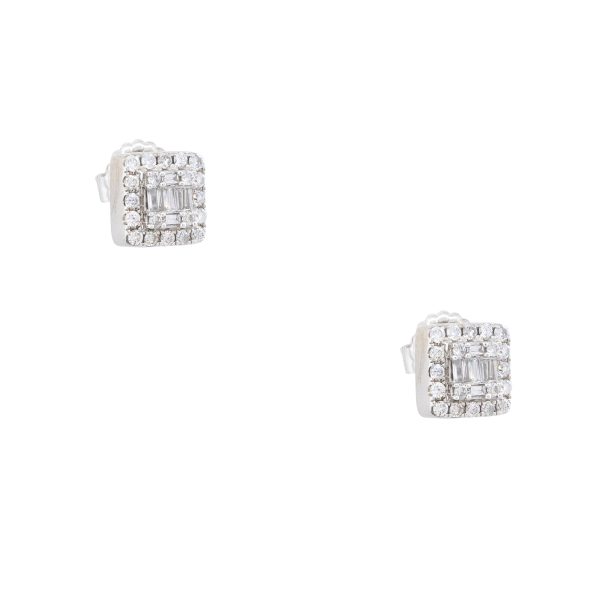 14k White Gold 0.74ctw Round Brilliant & Baguette Cut Diamond Mosaic Square Earrings