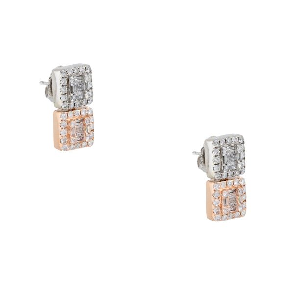 14k White & Rose Gold 1.48ctw Round Brilliant & Baguette Cut Diamond Mosaic Square Earrings